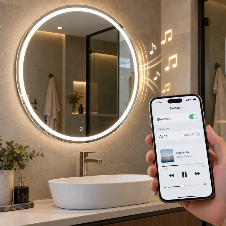 Telefondan Bluetooth ile bağlanılan LED aynadan yayılan müzik